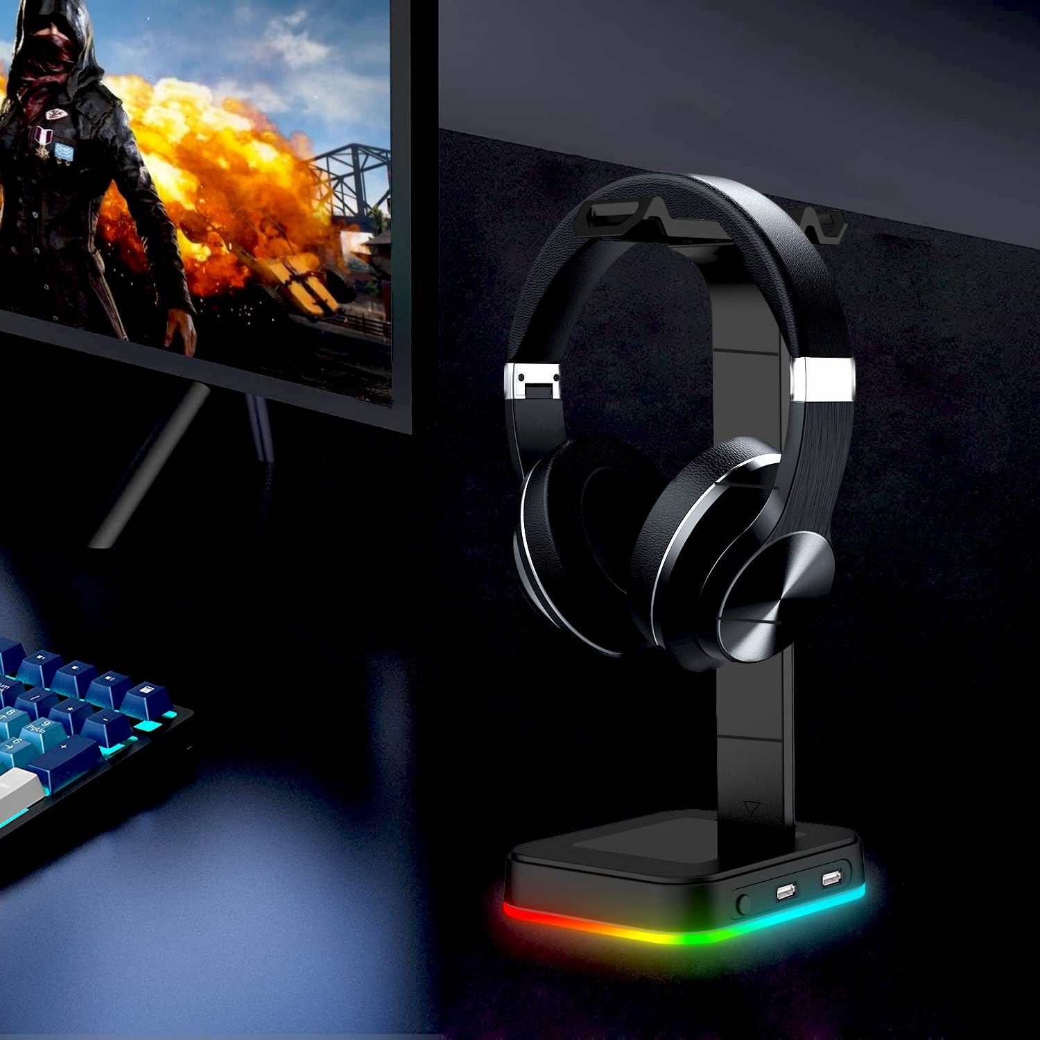 Schwarzer RGB LED Colorchanging Headset Halter mit USB-Anschluss für alle Kopfhörer