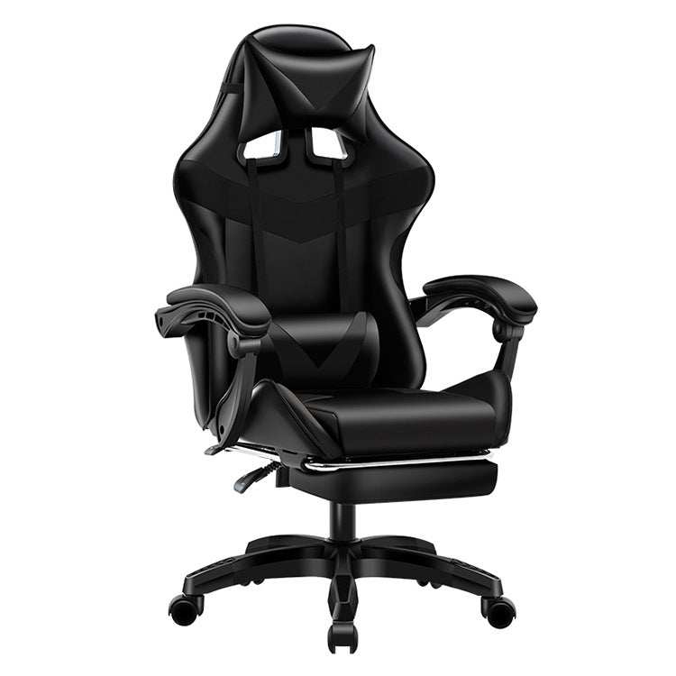 Schwarzer und roter Gaming Stuhl aus Leder mit Fußstütze und drehbarer Rückenlehne